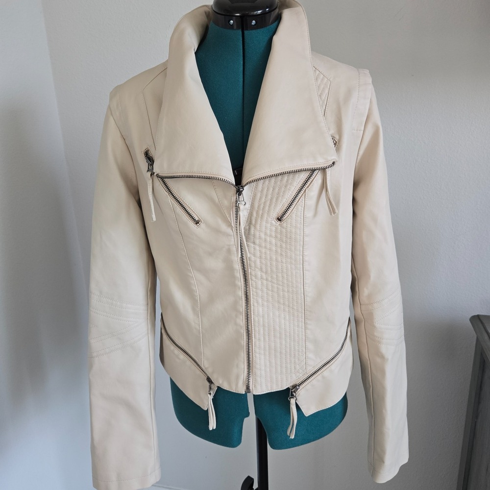 Lulus Moto Jacket Womens XL Beige Faux Leather Biker Chic Drape Collar